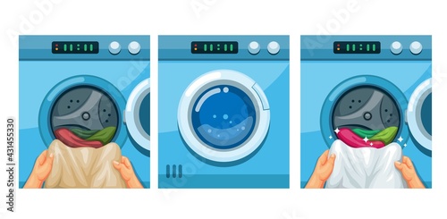 Washing machine instruction. dirty and clean cloth scene illustration vector