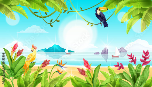 Summer beach landscape, tropical exotic birds, ocean, paradise flowers, toucan, parrot, banana leaves. Island seashore vacation background, sun, liana. Hawaii beach landscape, horizontal nature view