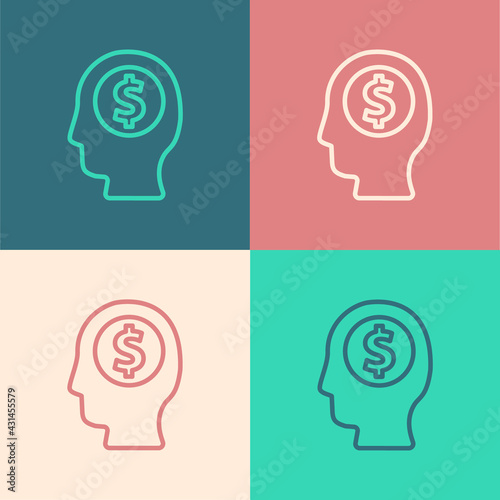 Pop art line Business man planning mind icon isolated on color background. Human head with dollar. Idea to earn money. Business investment growth. Vector