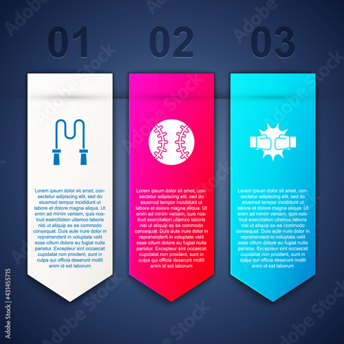 Set Jump rope, Baseball ball and Punch in boxing gloves. Business infographic template. Vector