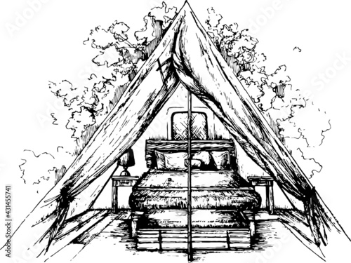 hand-drawn tourist camping tent glamping monochromatic illustration 
bedroom interior