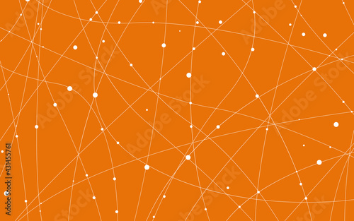 Artistic abstract grey dots with curved lines. Orange background with white dots. Vector illustration