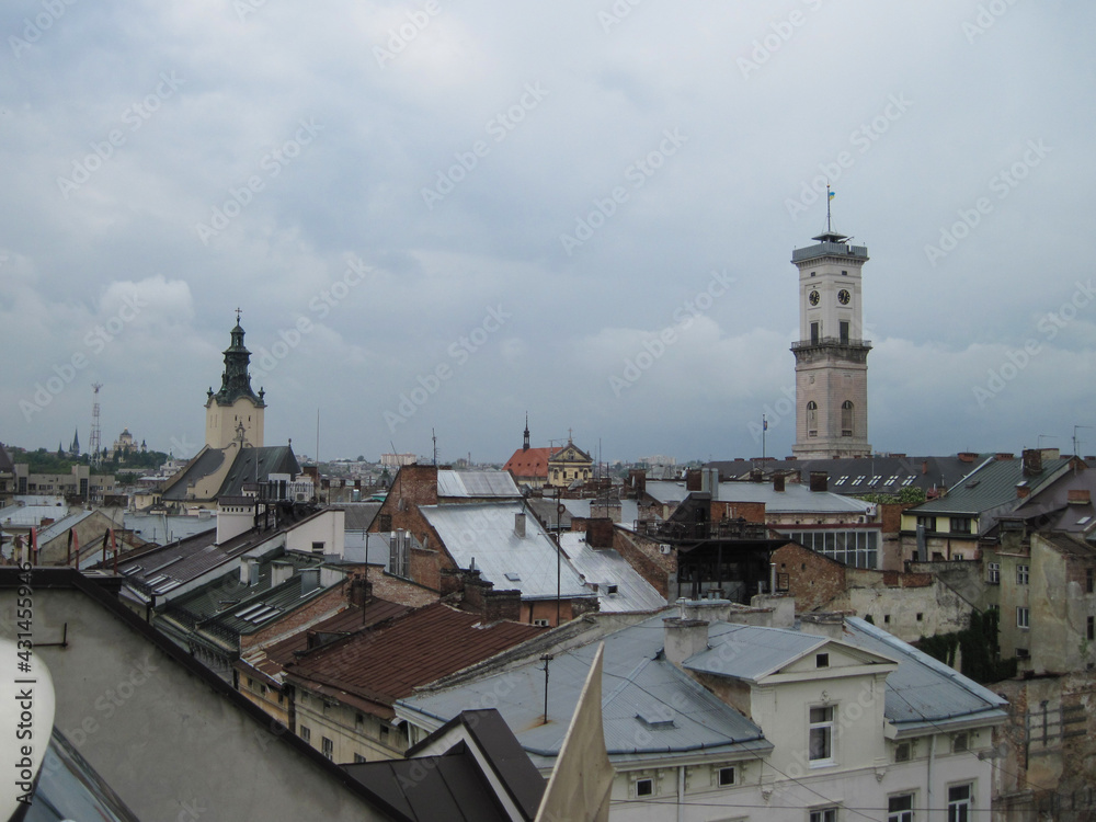 Fototapeta premium View of the town. Scenic panoramic landscape of Lviv, Ukraine.