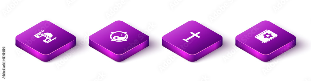 Set Isometric Muslim Mosque, Yin Yang, Christian cross and Jewish torah book icon. Vector