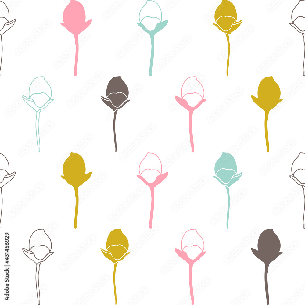 Vector floral seamless pattern with rosebuds. Stylized hand drawn flowers in pastel colors on white background.