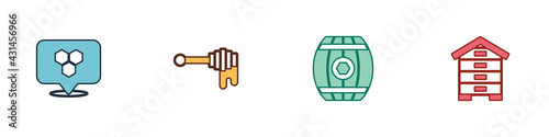 Set Honeycomb bee location, dipper stick with honey, Wooden barrel and Hive for bees icon. Vector