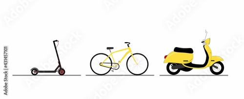 Set of image of urban transport. Bicycle, scooter. scooter. Ecological transport in human life.