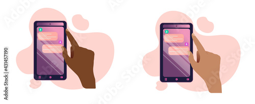 A hand with a smartphone, reading and answering , typing a message. Online communication device. High quality photo