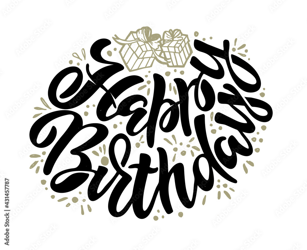 Happy Birthday. Beautiful greeting card poster with calligraphy black text Word star fireworks. Hand drawn, design elements. Handwritten modern brush lettering on a white background isolated vector.