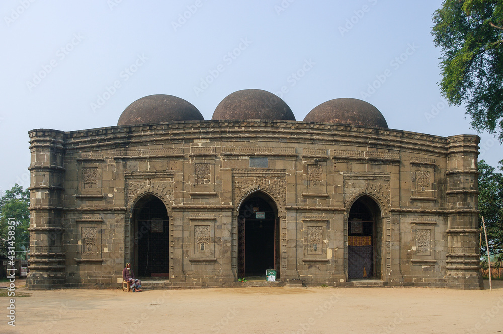 View of beautiful medieval Kusumba mosque, a stone landmark monument, Manda, Naogaon, Bangladesh