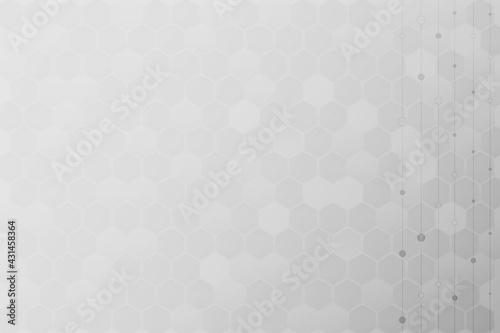 Abstract hexagon white and grey color background with particle line connection. Blank space template for presentation and design element.