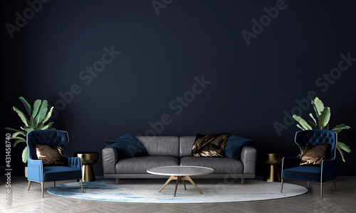 Modern cozy mock up and decoration furniture of living room and blue wall texture background, 3D rendering