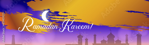 Poster for muslim religion holiday Ramadan Kareem. Calligraphy text and golden brush strokes on night sky background.