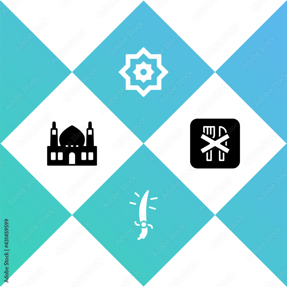 Set Muslim Mosque, Arabian saber, Octagonal star and Ramadan fasting icon. Vector