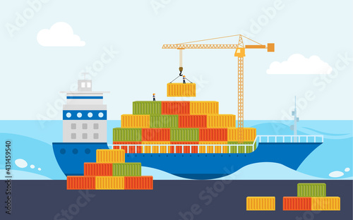 Industrial sea port cargo logistics container. Crane loads cargo on to cargo barge.