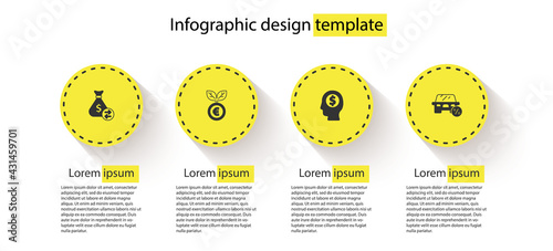 Set Money bag, Euro plant, Business man planning mind and Car leasing percent. Business infographic template. Vector