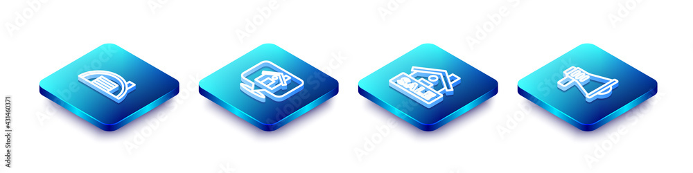 Set Isometric line Warehouse, Location with, Hanging sign Sale and Megaphone icon. Vector Set Isometric line Warehouse, Location with, Hanging sign Sale and Megaphone icon. Vector