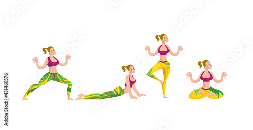 Yoga and meditation. Use it for sport  recreation  yoga or health care poster design. Cartoon style girl in yoga pose.
