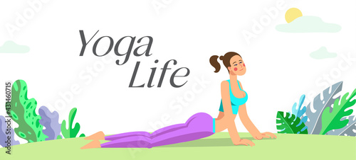 Yoga and meditation. Use it for sport, recreation, yoga or health care poster design. Cartoon style girl in yoga pose.