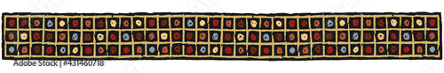 Ethnic border with grid, color on black. Linear border made in tribal style, made from hand-drawn drawings.