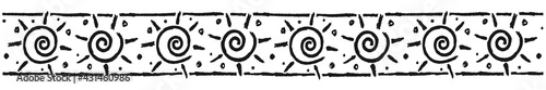 Ethnic border with schematic sun, black. Linear border made in tribal style, made from hand-drawn drawings.