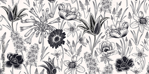 Spring background. Floral seamless pattern. Vector. Vintage.
