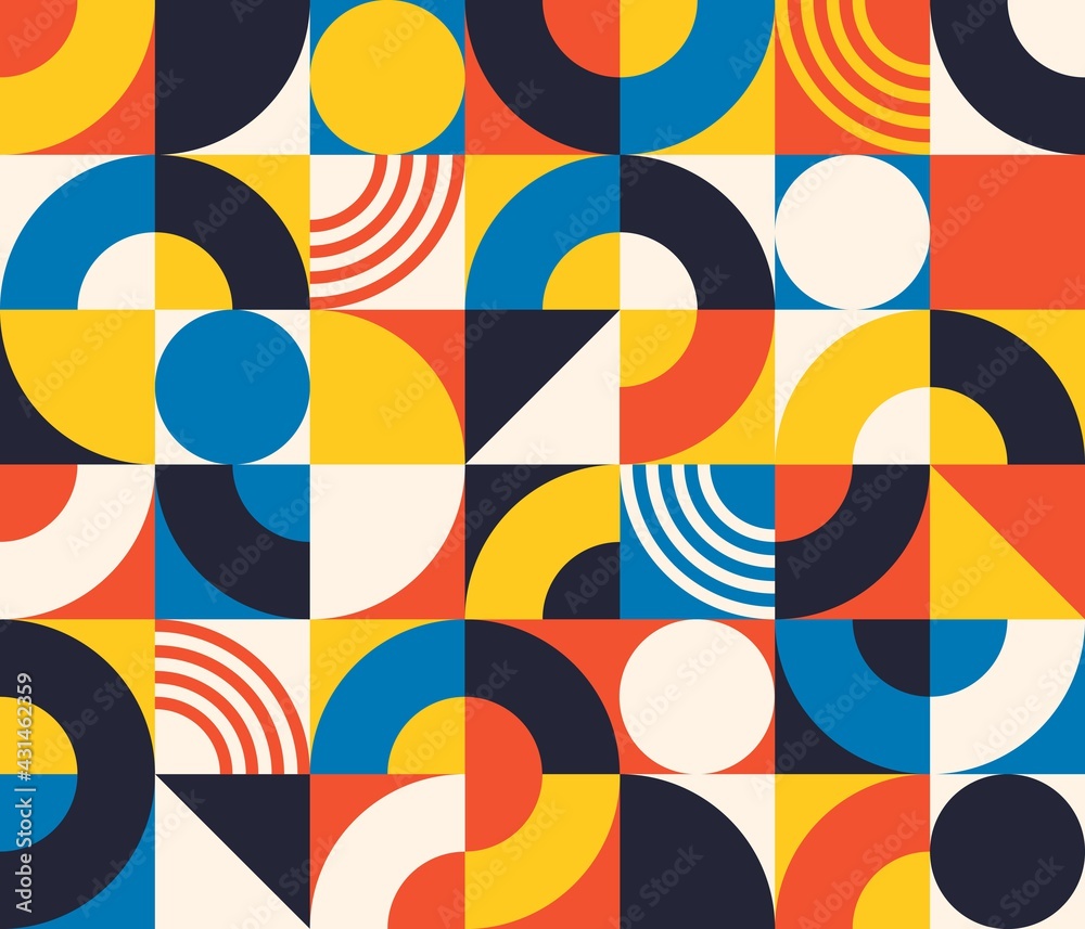 Bauhaus seamless pattern. Abstract square tiles with circle and triangle. Retro print in minimal style with geometric figure, vector texture