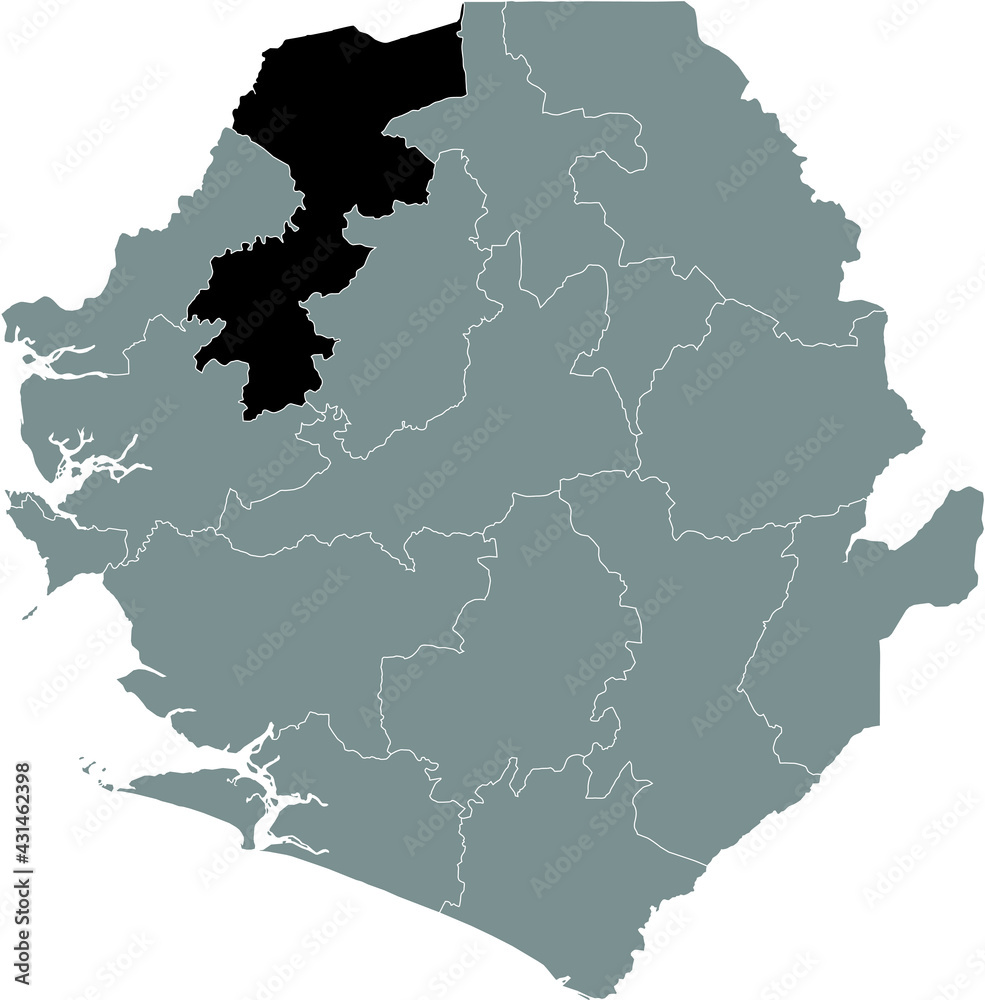 Black highlighted location map of the Sierra Leonean Karene district inside gray map of the Republic of Sierra Leone