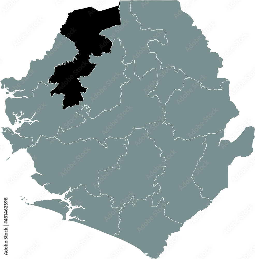 Fototapeta premium Black highlighted location map of the Sierra Leonean Karene district inside gray map of the Republic of Sierra Leone