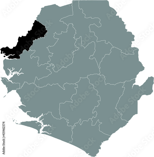 Black highlighted location map of the Sierra Leonean Kambia district inside gray map of the Republic of Sierra Leone