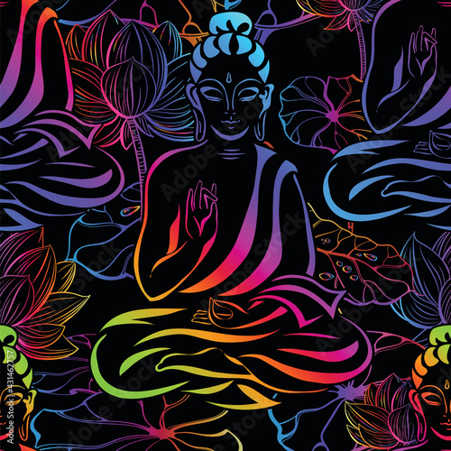 seamless pattern of versicolored sitting Buddha on a black background. Gautama Siddhartha. Shakyamuni. Buddhism, Meditation, Esoteric and Psychedelic