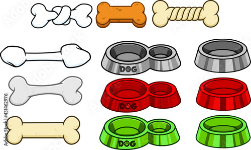  BONES2Cartoon Dog Bone With Ribbon And Bow. Vector Collection Set Isolated On White Background