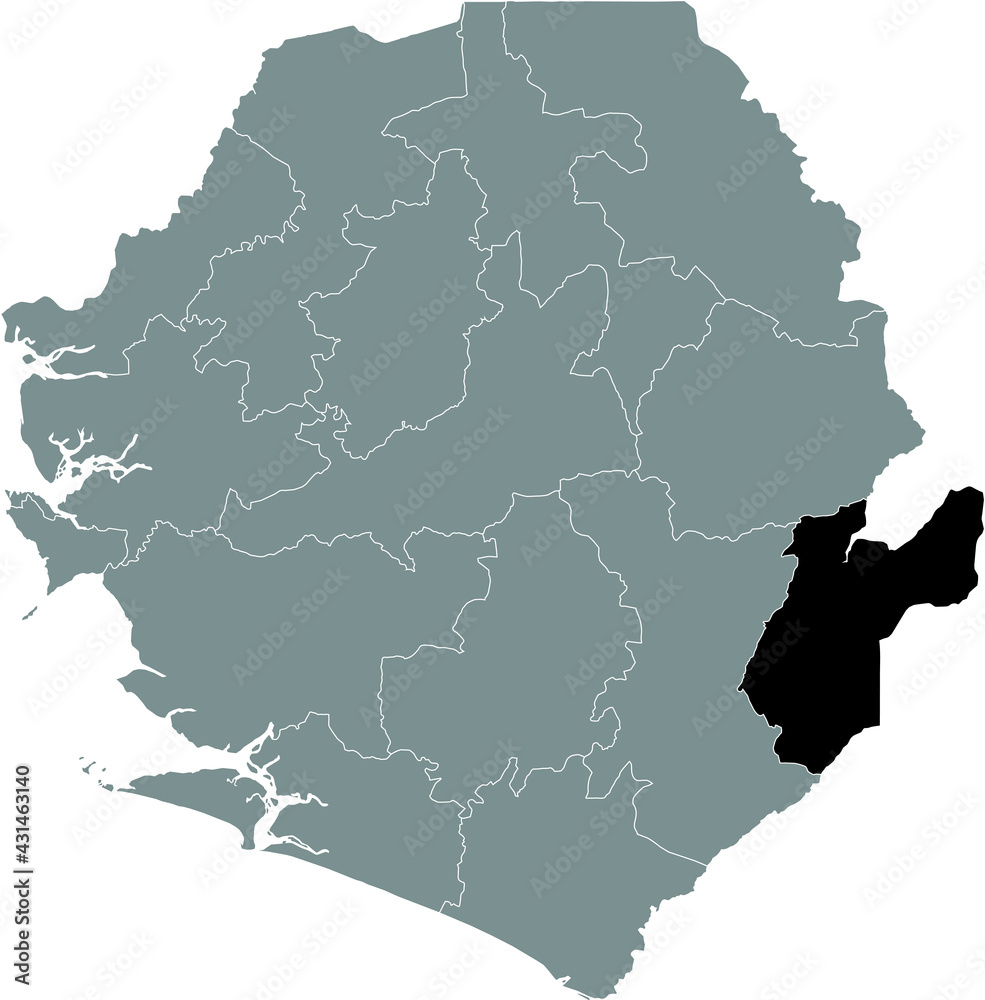 Obraz premium Black highlighted location map of the Sierra Leonean Kailahun district inside gray map of the Republic of Sierra Leone