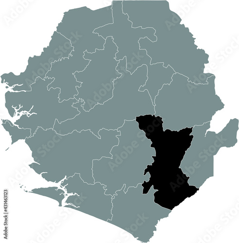 Black highlighted location map of the Sierra Leonean Kenema district inside gray map of the Republic of Sierra Leone