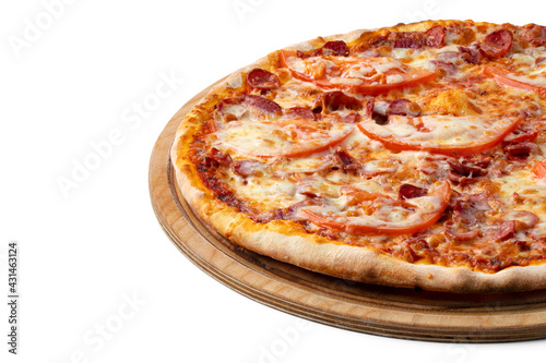 Fresh pizza on wooden board isolated on white