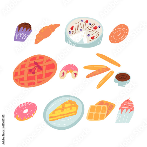 Cute various bakery desserts set. Traditional American, French, Spanish sweet pastry, cakes and sweets.
