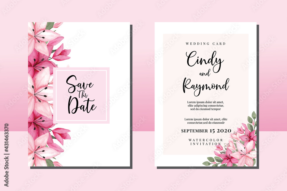 Wedding invitation frame set, floral watercolor hand drawn Pink Lily Flower design Invitation Card Template