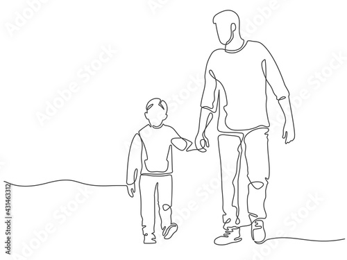 One line father. Dad walking with son. Fatherhood poster with man and child holding hands. Continuous lines happy fathers day vector concept