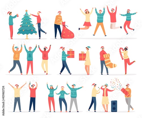 People celebrate merry christmas. Friends and family at new year party dance, sing, drink, decorate tree, hold gifts and confetti vector set