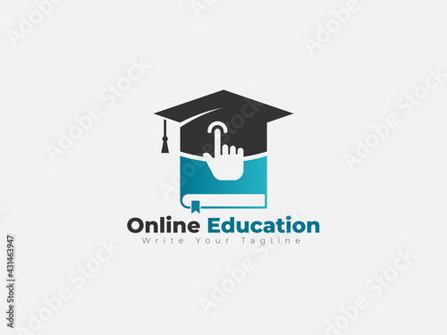 Online education logo, book, hand cursor, hat icon. logo design for educational institute.