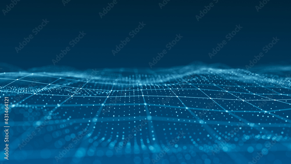 Obraz premium Abstract wave background with dots and lines moving in space. Technology illustration. Futuristic modern dynamic wave. 3d rendering.