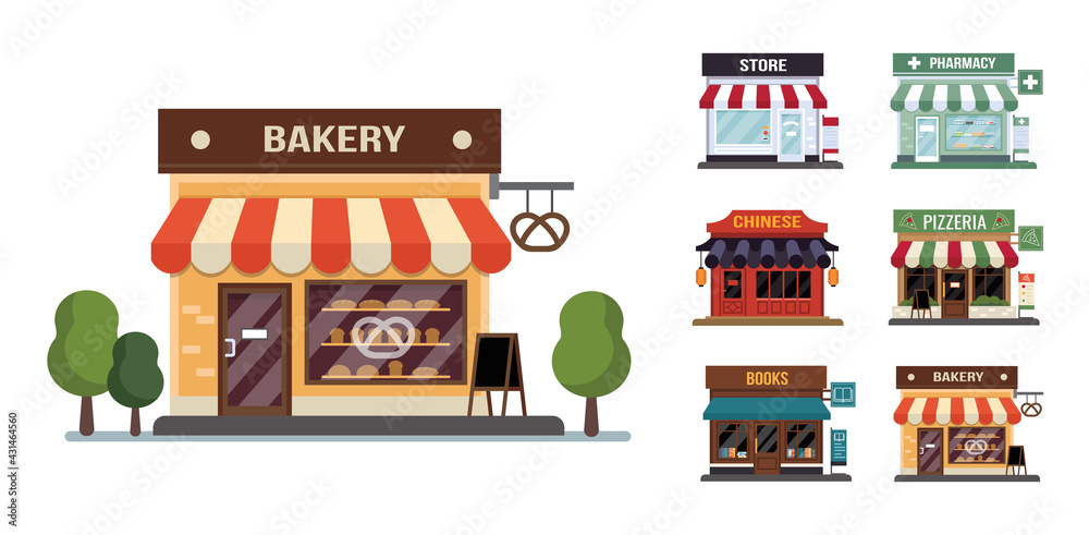 Flat style shop little tiny icon set. Chinese, bakery, pizza, pharmacy, books, store . Flat style shop little tiny icon set. Chinese, bakery, pizza, pharmacy, books, store .