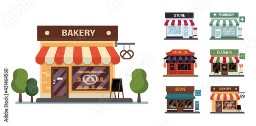 Flat style shop little tiny icon set. Chinese, bakery, pizza, pharmacy, books, store .