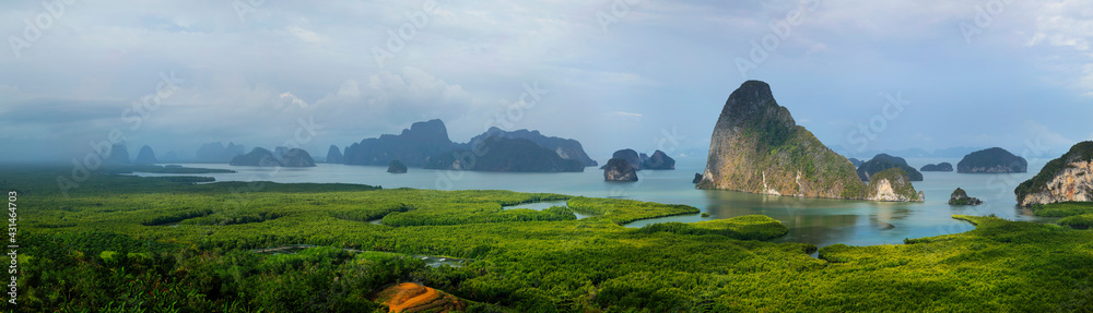 view of limestone island in phang nga bay in thailand