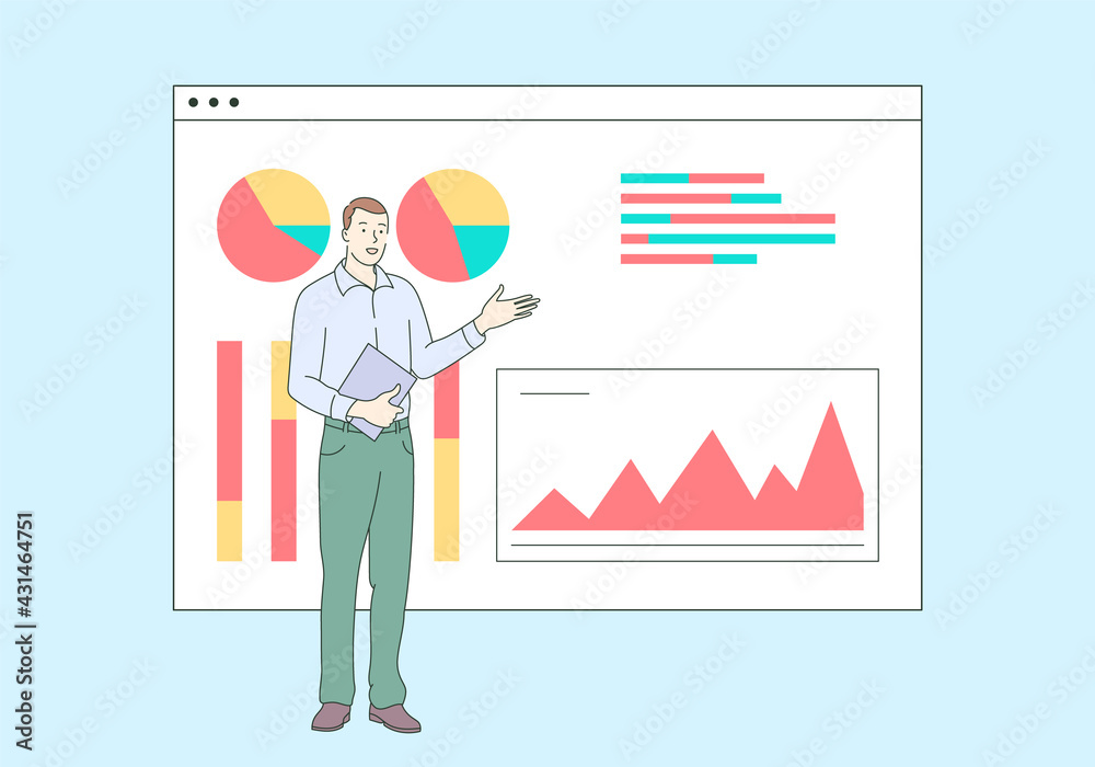 Analytical service and data analysis concept. Young businessman cartoon character doing data analysis and research, preparing report, collecting statistics.
