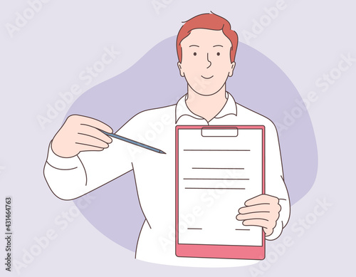 Agreement conclusion, business partnership, documentary coherence concept. Businessman in office suit holding a document in which all approved, validated, agreed.