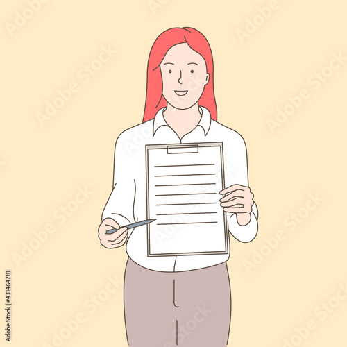 Agreement conclusion, business partnership, documentary coherence concept. Businesswoman in office suit holding a document in which all approved, validated, agreed.