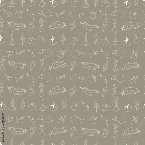 Seamless repeating pattern with vegetables in rows. Geometric outlined illustrations on gray background