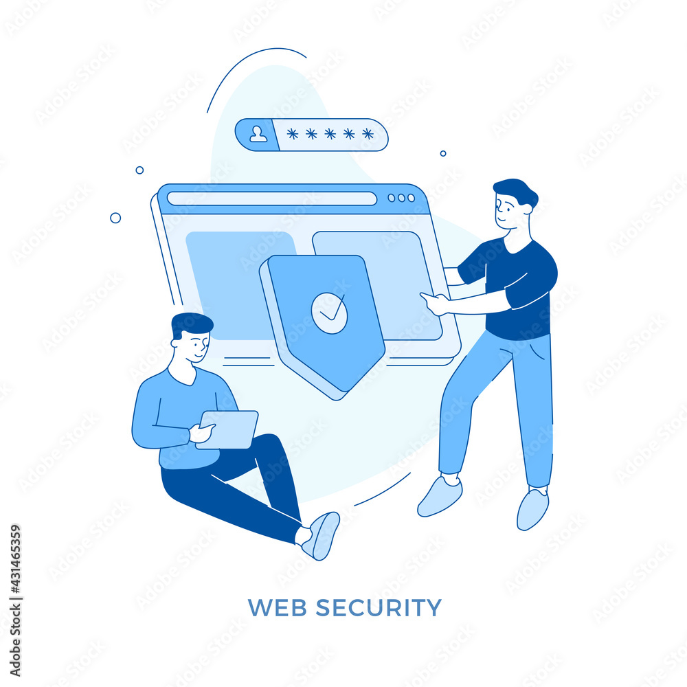 Linear flat Web security concept vector illustration. Male cartoon ...