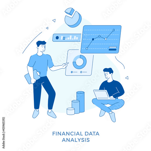 Linear flat Financial data analysis concept vector illustration. Cartoon character businessmen working together with diagrams and graphs researching and analysing data
